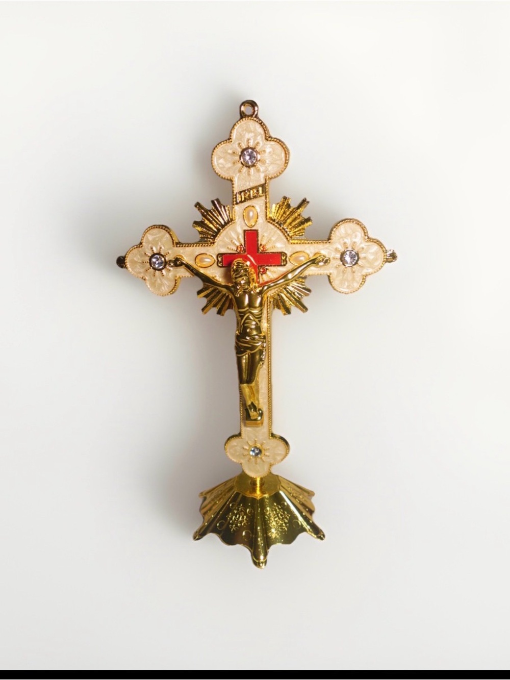 Gold-tone Decorative Crucifix Pendant with Red Accent 8inches